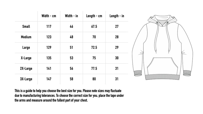 Size chart for Flower Hoodie - Black